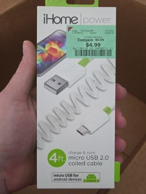 iHome White Micro USB 2.0 Coiled Charge & Sync Cable with Green Accents